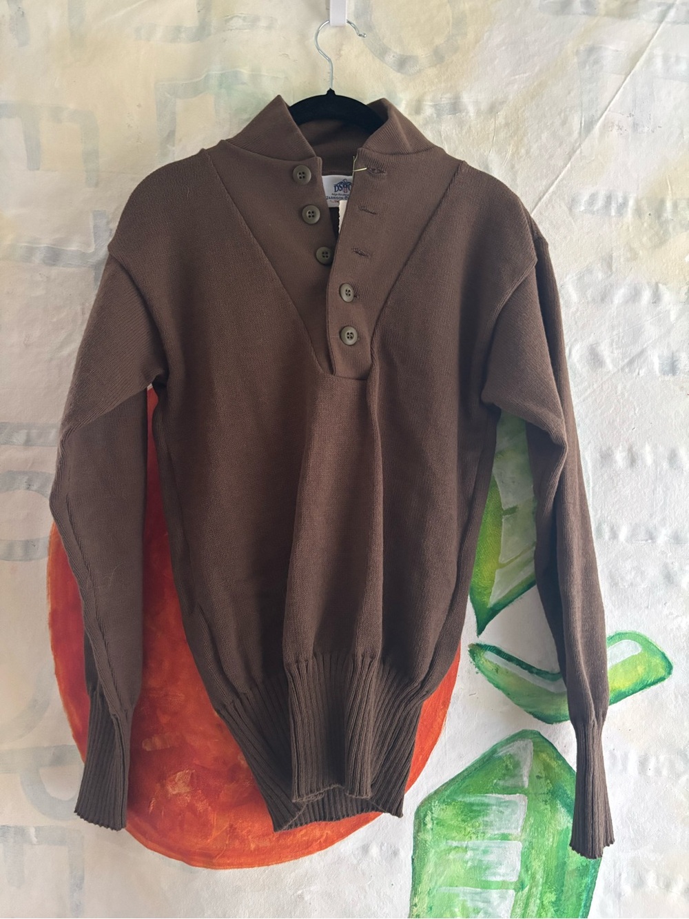 Vintage Men's Brown Military Button-Neck Knit Sweater